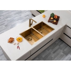 Aqu Brushed Gold Handmade Double Bowls Kitchen Sink 820*457*230